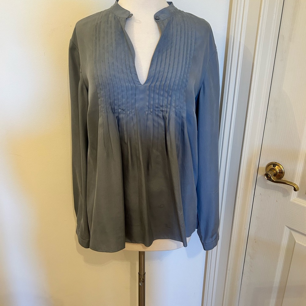 Michael Kors Slate Blue Pintuck V-Neck Long Sleeve Blouse
